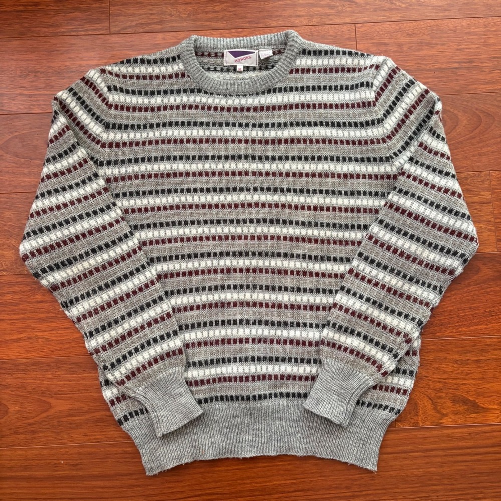Honors Mens Striped Crew Neck Sweater Size M Gray Wool Blend Knit Vintage 90s